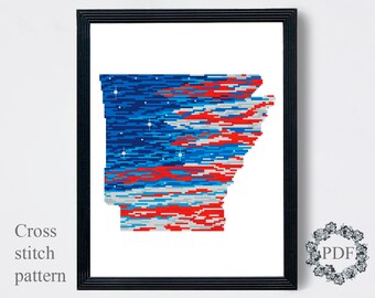 Arkansas State Map Modern Cross Stitch Pattern PDF, Flag American Counted Cross Stitch Chart, USA, Patriotic Embroidery, Digital Download
