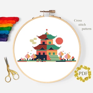 Japan House Modern Cross Stitch Pattern PDF, Asian Temple Counted Cross Stitch Chart, Nature, Landscape, Hoop Embroidery, Digital Download