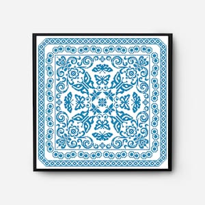 May include: A blue and white cross-stitch pattern with a repeating design of butterflies and floral motifs. The pattern is framed in a black frame.