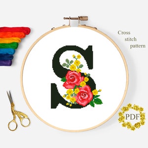 Letter S Modern Cross Stitch Pattern PDF, Monogram Floral Counted Cross Stitch Chart, Flowers Roses, Hoop Art Embroidery, Digital Download