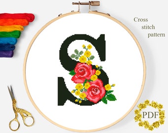 Letter S Modern Cross Stitch Pattern PDF, Monogram Floral Counted Cross Stitch Chart, Flowers Roses, Hoop Art Embroidery, Digital Download