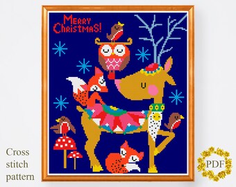 Christmas Deer Modern Cross Stitch Pattern PDF, Animals Counted Cross Stitch Chart, Xmas, Nature, Winter, Fox, Embroidery, Digital Download