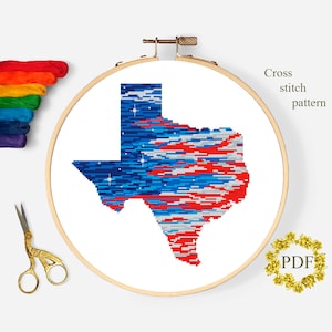 Texas State Karte Modernes Kreuzstichmuster PDF, Amerikanische Flagge Kreuzstichvorlage, Sterne, Vaterländische Stickerei, digitaler Download PDF