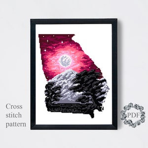 Georgia State Karte moderne Kreuzstichvorlage PDF, Berglandschaft Kreuzstichvorlage, Natur, Mond, Stickerei, digitaler Download