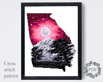 Georgia State Map Modern Cross Stitch Pattern PDF, Mountain Landscape Counted Cross Stitch Chart, Nature, Moon, Embroidery, Digital Download