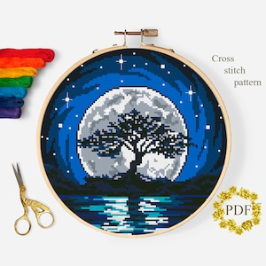 Starry Sky Modern Cross Stitch Pattern PDF, Landscape Counted Cross Stitch Chart, Tree, Moon, Nature, River, Embroidery, Digital Download