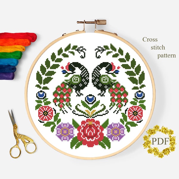 Modernes Kreuzstichmuster mit floralen Motiven im Stil der Volkskunst (PDF), Zählvorlage für Kreuzstich mit Blumenmotiven, Pfauenmotiv, Naturmotiv, Stickrahmen, digitaler Download