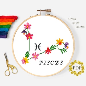 Piscis Floral Patrón de punto de cruz moderno PDF, Signo del zodiaco Gráfico de punto de cruz contado, Astrología, Flores, Bordado de aro, Descarga digital