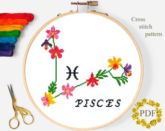 Modernt korsstygnsmönster med blommor och fiskar i PDF-format, räknat korsstygnsdiagram med stjärntecken, astrologi, blommor, broderi i bågar, digital nedladdning