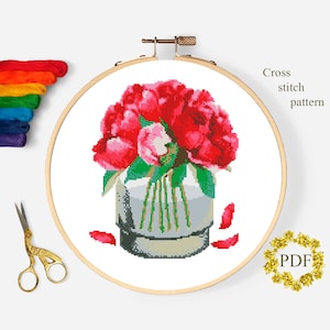 Peonías de acuarela Patrón de punto de cruz moderno PDF, Cuadro de punto de cruz contado de flores, Floral, Naturaleza, Bordado de aro, Descarga digital