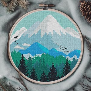 Winter Landscape Modern Cross Stitch Pattern PDF, Mountains Counted Cross Stitch Chart, Nature, Forest, Hoop Embroidery, Digital Download