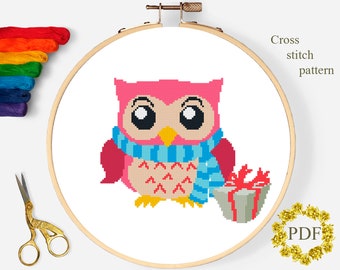 Christmas Owl Modern Cross Stitch Pattern PDF, Bird Counted Cross Stitch Chart, Nature, Animal, Holiday, Xmas Embroidery, Digital Download