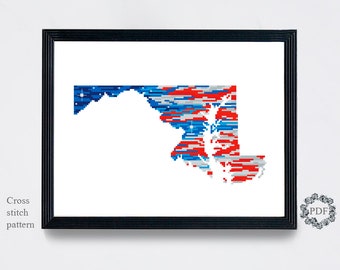 Maryland State Map Modern Cross Stitch Pattern PDF, Flag America Counted Cross Stitch Chart, USA, Sky, Patriotic Embroidery Digital Download