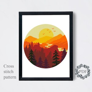 Mountain Landscape Cross Stitch Pattern PDF, Sunset Modern Counted ...