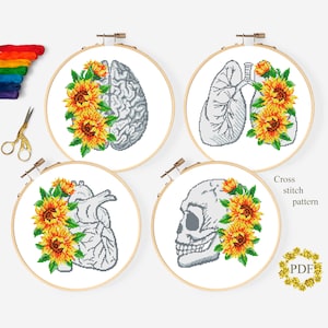 Set Anatomy Modern Cross Stitch Pattern PDF, Floral Heart, Skull, Brain Lung Counted Cross Stitch Chart, Sunflower, Hoop Embroidery Download