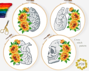 Set Anatomy Modern Cross Stitch Pattern PDF, Floral Heart, Skull, Brain Lung Counted Cross Stitch Chart, Sunflower, Hoop Embroidery Download