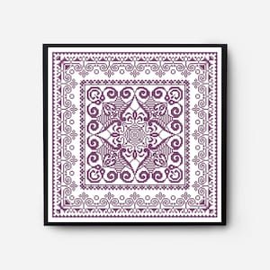 Könnte beinhalten: Ein lila und weißes Kreuzstichmuster mit geometrischem Design. Das Muster ist in einem schwarzen Rahmen gerahmt.