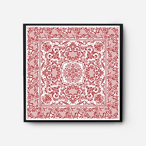 Könnte beinhalten: Ein gerahmtes rotes und weißes Stickmuster mit einem floralen Muster. Das Design ist symmetrisch und verfügt über ein zentrales Quadrat mit einem kleineren Quadrat im Inneren. Die Stickerei ist von einem Rand aus Blättern und Blumen umgeben.