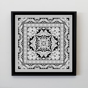 May include: Black and white framed artwork featuring a symmetrical design of butterflies and roses. The design is intricate and detailed, with a repeating pattern of butterflies and roses.