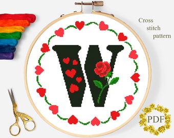 Letter W Modern Cross Stitch Pattern PDF, Monogram Floral Counted Cross Stitch Chart, Flower Rose, Love, Hoop Embroidery, Digital Download