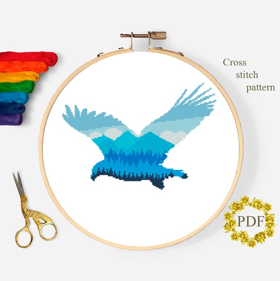 Eagle Silhouette Modern Cross Stitch Pattern PDF, Blue Mountain Landscape Counted Cross Stitch Chart, Nature, Bird, Forest, Digital Download