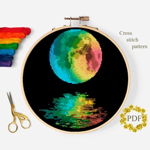 Moon Modern Cross Stitch Pattern PDF, Night Landscape Counted Cross Stitch Chart, Nature, Reflection, Hoop Art Embroidery, Digital Download