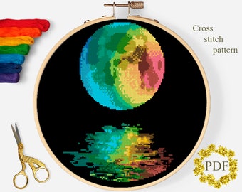 Moon Modern Cross Stitch Pattern PDF, Night Landscape Counted Cross Stitch Chart, Nature, Reflection, Hoop Art Embroidery, Digital Download