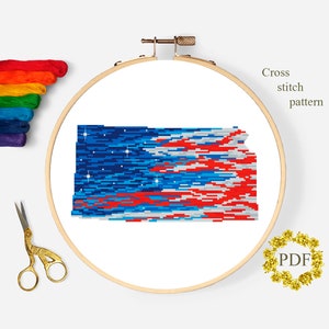 Kansas State Karte modernes Kreuzstichmuster PDF, amerikanische Flagge Kreuzstichvorlage, Sterne, patriotische Stickerei, digitaler Download