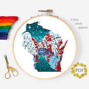 Wisconsin State Map Modern Cross Stitch Pattern PDF, Landscape Count Cross Stitch Chart, Nature, Winter, River, Stars, Embroidery Download