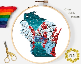 Wisconsin State Map Modern Cross Stitch Pattern PDF, Landscape Counted Cross Stitch Chart, Nature, Winter, River, Stars, Embroidery Download