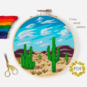 Arizona Modern Cross Stitch Pattern PDF, Desert Landscape Counted Cross Stitch Chart, Cactus Succulent, Nature, Embroidery, Digital Download