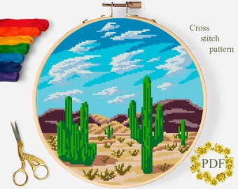 Arizona Modern Cross Stitch Pattern PDF, Desert Landscape Counted Cross Stitch Chart, Cactus Succulent, Nature, Embroidery, Digital Download