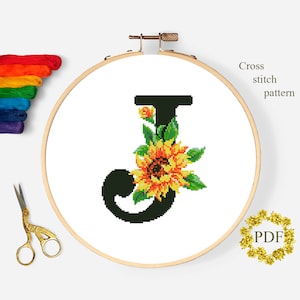 Letter J Modern Cross Stitch Pattern PDF, Monogram Floral Counted Cross Stitch Chart, Flower Sunflower, Ukraine Embroidery, Digital Download