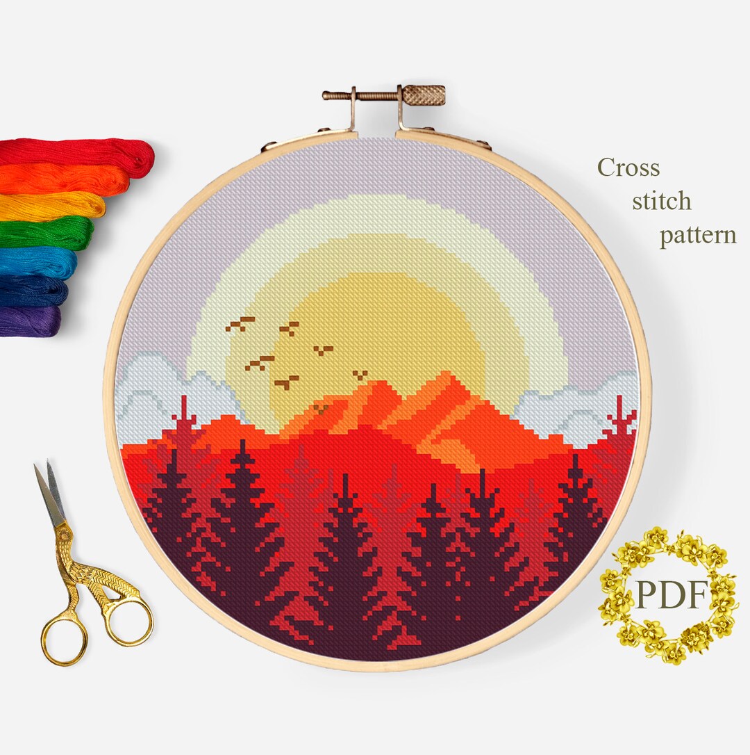 Landscape Modern Cross Stitch Pattern PDF, Sunset Counted Cross Stitch ...