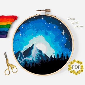 Landschaft modernes Kreuzstichmuster PDF, Berge gezählt Kreuzstichvorlage, blau Natur, Mond, Sterne, Hoop Embroidery, digitaler Download