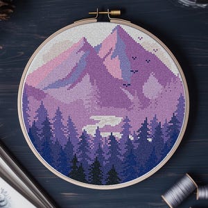 Mountains Modern Cross Stitch Pattern PDF, Lavender Landscape Counted Cross Stitch Chart, Nature, Forest, Hoop Embroidery, Digital Download image 8