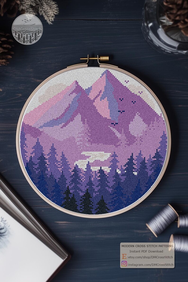Mountains Modern Cross Stitch Pattern PDF, Lavender Landscape Counted Cross Stitch Chart, Nature, Forest, Hoop Embroidery, Digital Download image 8