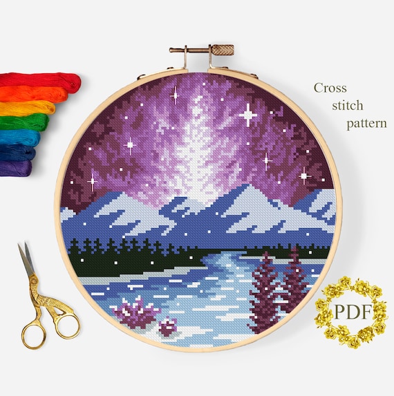 Starry Night Sky Modern Cross Stitch Pattern PDF Mountain | Etsy