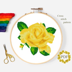 Gele roos modern kruissteekpatroon pdf, bloem aquarel getelde kruissteekkaart, bloemen, natuur, borduurring, digitale download