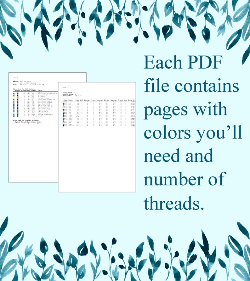 Peut inclure: Deux pages d'un mod&egrave;le de point de croix avec un tableau de couleurs et une liste de couleurs de fils et de quantit&eacute;s. Le texte dit "Chaque fichier PDF contient des pages avec les couleurs dont vous aurez besoin et le nombre de fils."