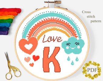 Letter K Modern Cross Stitch Pattern PDF, Monogram Baby Counted Cross Stitch Chart, Boho Rainbow, Kids, Love, Embroidery, Digital Download