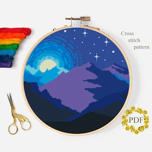 Landschaft modernes Kreuzstichmuster PDF, Berg gezählt Kreuzstichvorlage, Natur, Mond, Sternenhimmel, Stickrahmen Stickerei, digitaler Download