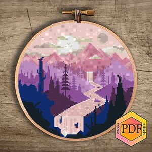 Mountain Landscape Modern Cross Stitch Pattern PDF, River Counted Cross ...