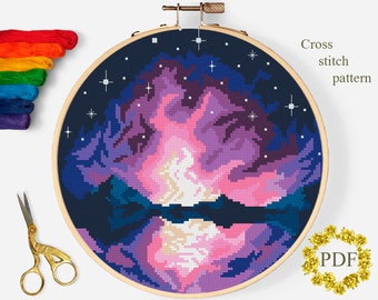 Northern Lights Modern Cross Stitch Pattern PDF, Landscape Counted Cross Stitch Chart, Nature, Mountain, Stars, Embroidery, Digital Download