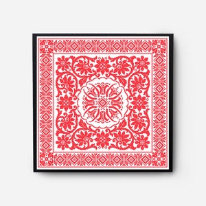 May include: A red and white embroidered design with a floral pattern inside a black frame.