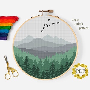 Landschaft Modernes Kreuzstich Muster PDF, Berge Kreuzstich Stickmuster, Wald, Bäume, Natur, Stickerei, digitaler Download