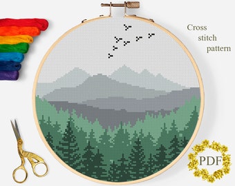 Landscape Modern Cross Stitch Pattern PDF, Mountains Counted Cross Stitch Chart, Forest, Trees, Nature, Xstitch Embroidery, Digital Download