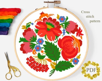 Folk Art Modern Cross Stitch Pattern PDF, Flowers Counted Cross Stitch Chart, Floral, Ukraine Designer, Nature Embroidery, Digital Download