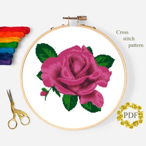 Rosa rosa patrón de punto de cruz moderno PDF, gráfico de punto de cruz contado de flores de acuarela, bordado floral, naturaleza, aro, descarga digital