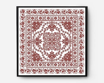 Folk Sampler Modern Cross Stitch Pattern PDF, Monochromatic Flowers Counted Cross Stitch Chart, Pillow, Carpet Embroidery, Digital Download